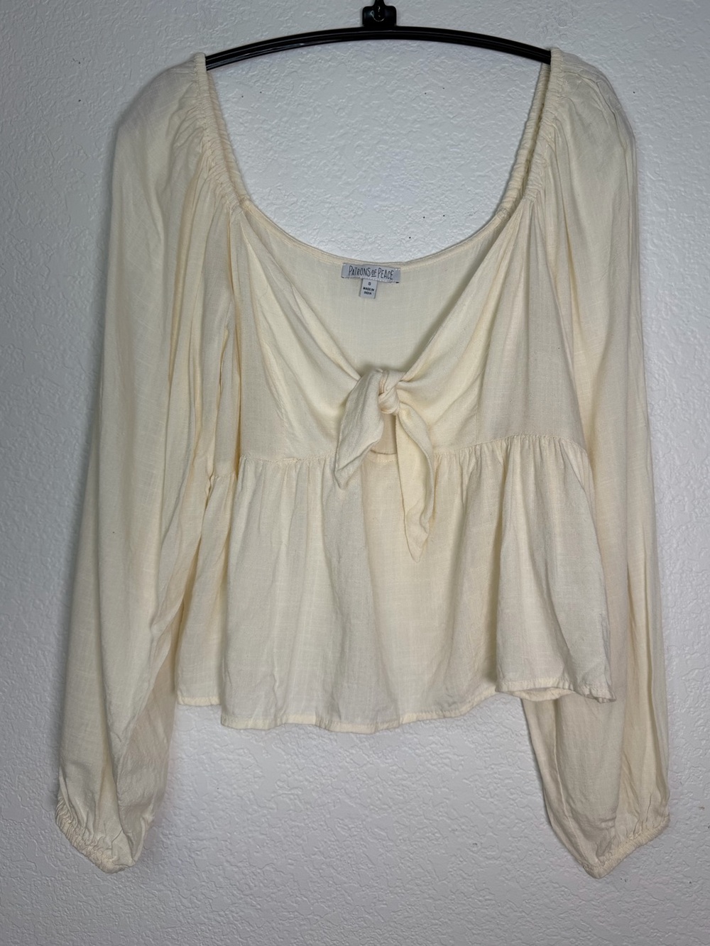 Patrons of Peace Cream Tie-Front Boho Peasant Top, Size S